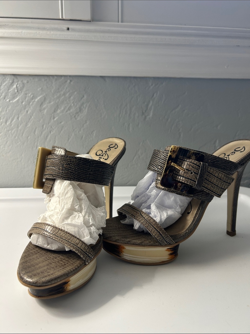 Sergio Zelcer Metallic Brown Textured High Heel Slide Sandals with Buckle